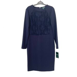 NEW Lauren Ralph Lauren Dress Lace Panel Back Zip Size 12 Wedding Guest Navy